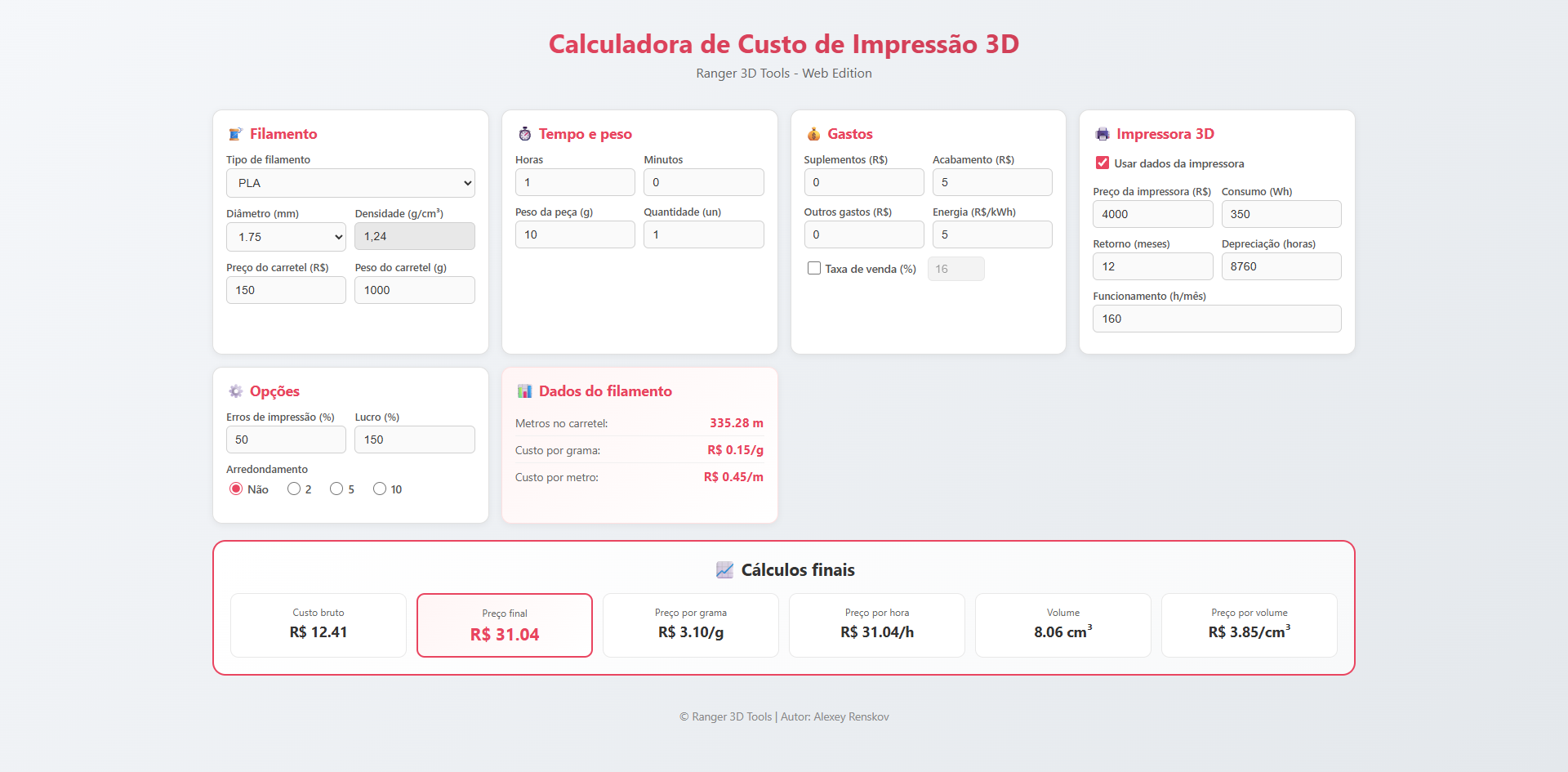 Calculadora online de preço de impressão 3D